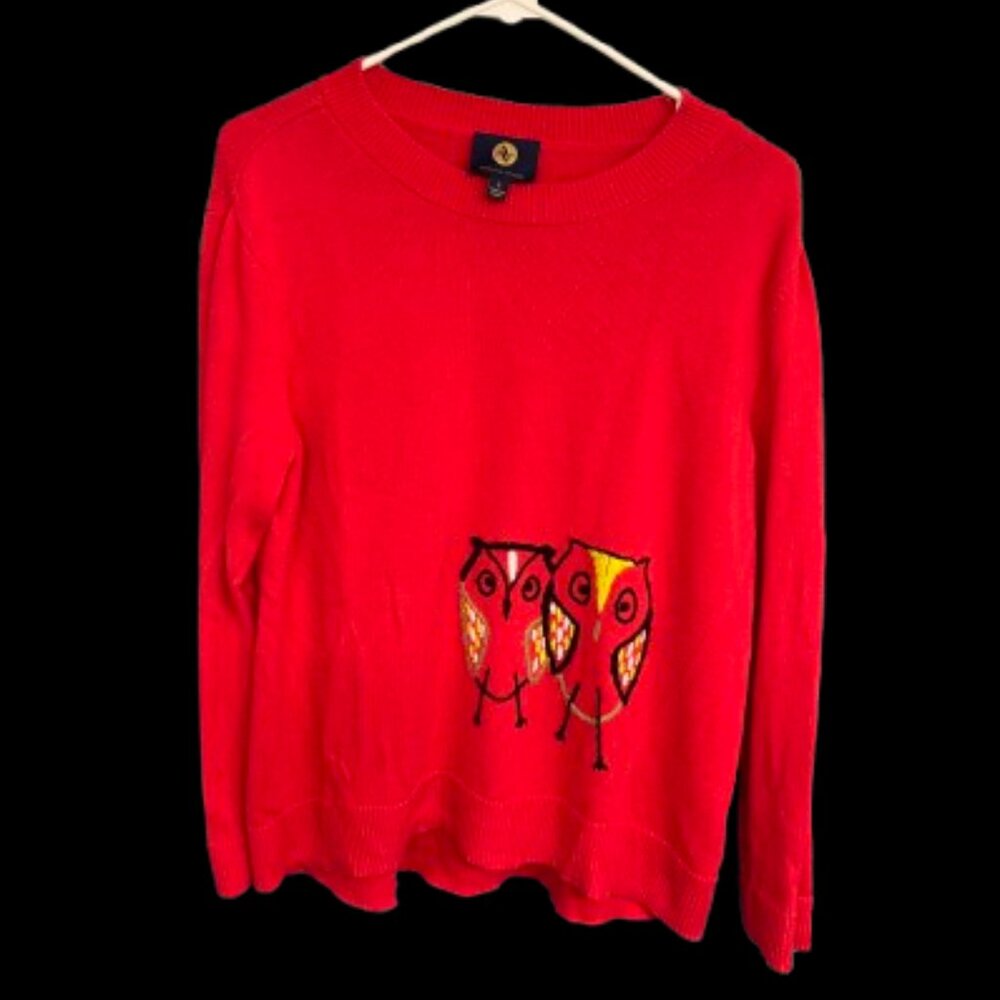 Adrienne Vittadini Red Long Sleeve Lightweight Owl Sweater Women's Size Small